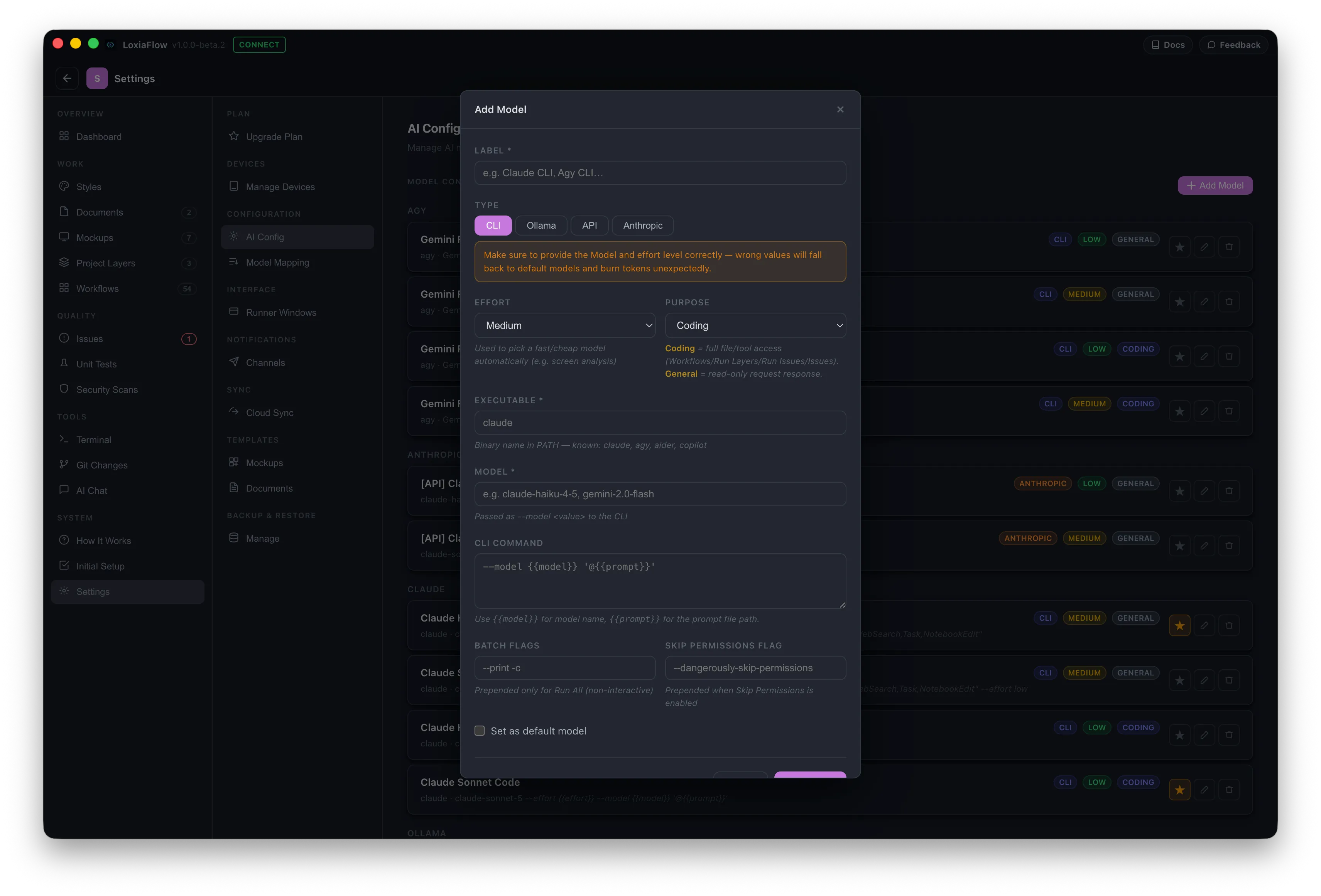 Settings → AI Config — Add Model form