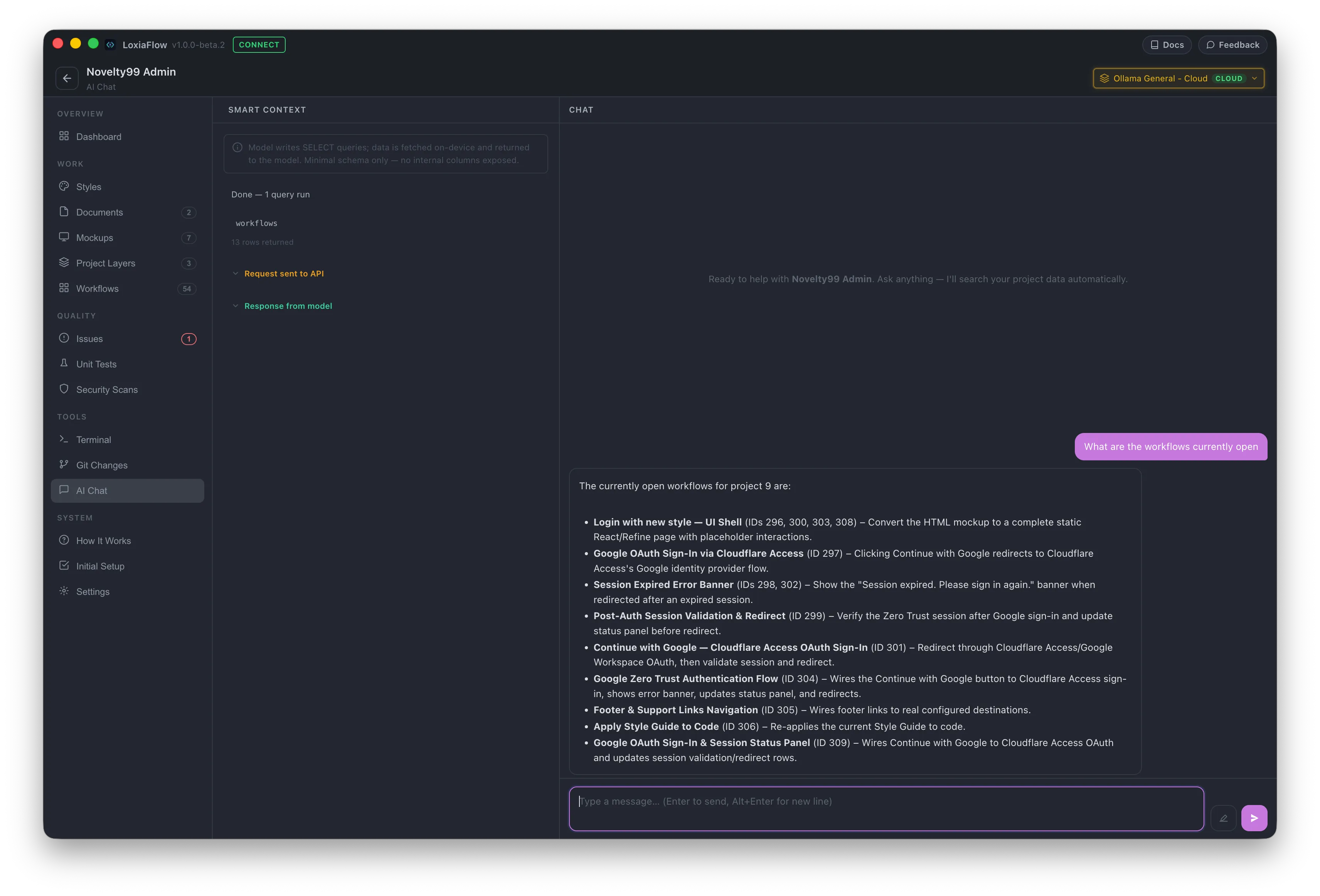AI Console — chat thread on the right, live Smart Context query log on the left