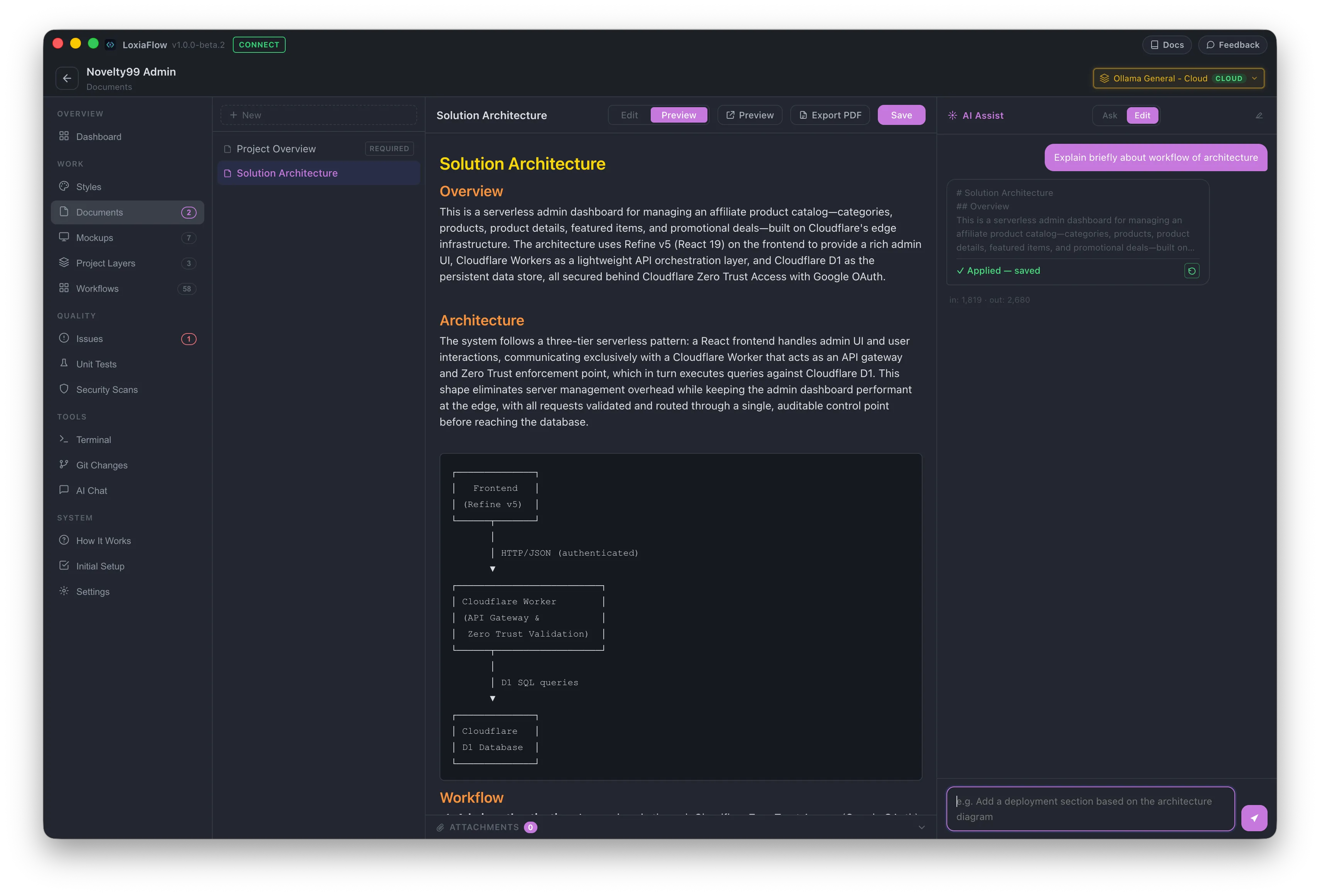 Documents editor — split-pane Markdown with Mermaid diagram