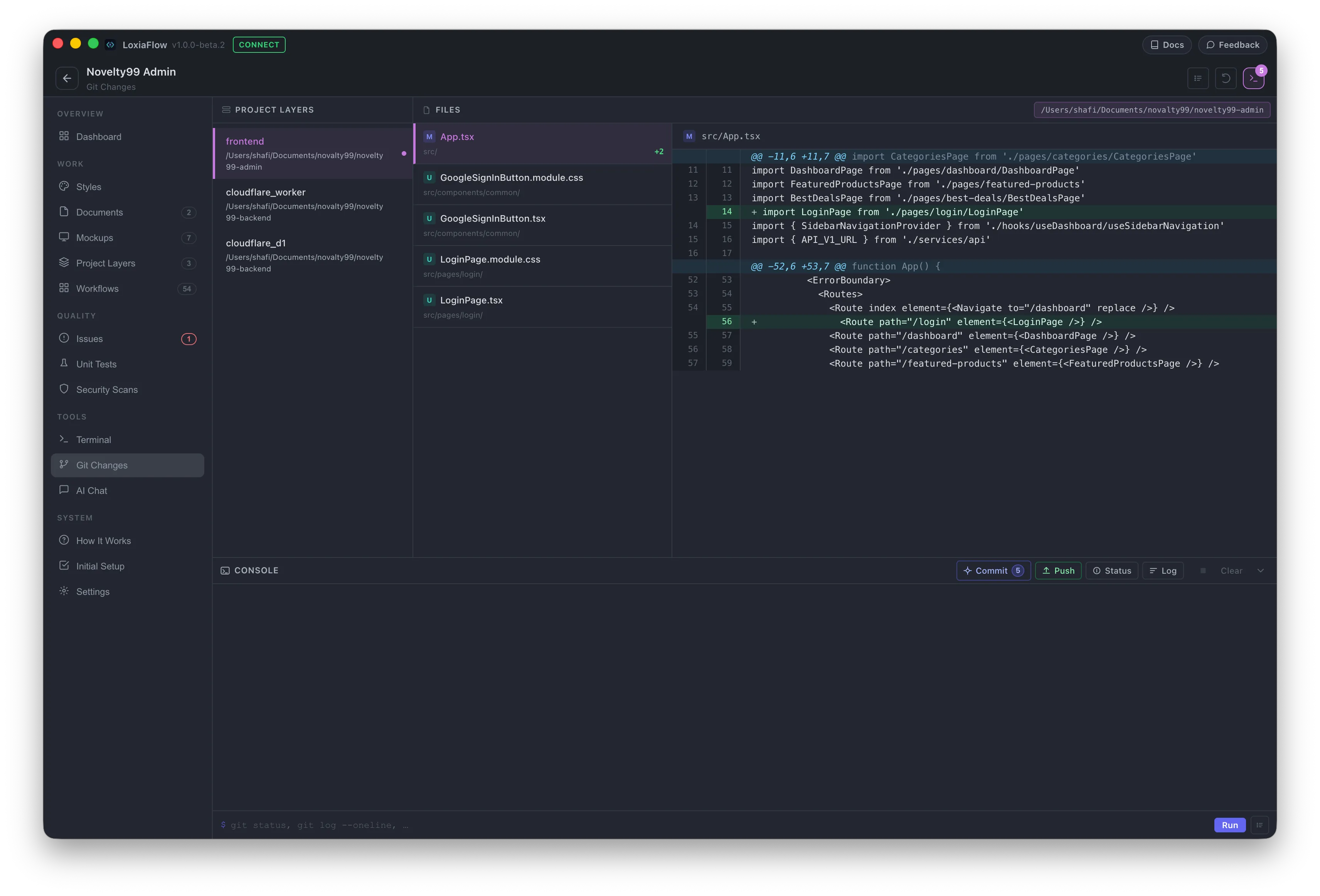 Git Changes — layer list, file list with diff stats, and line-numbered diff viewer