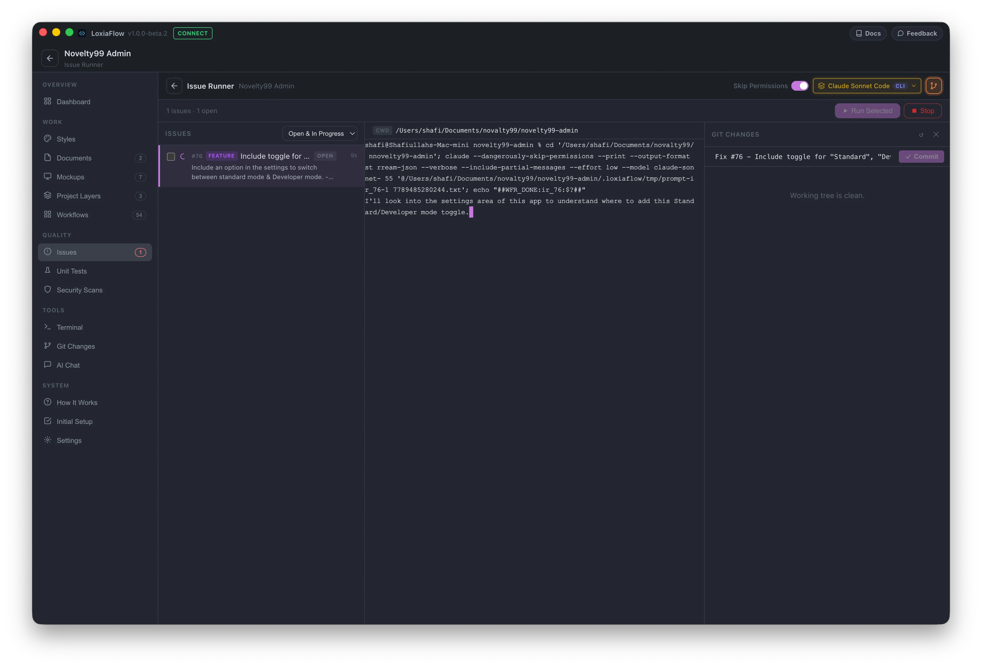 Issue Runner — issue list on the left, live terminal output on the right