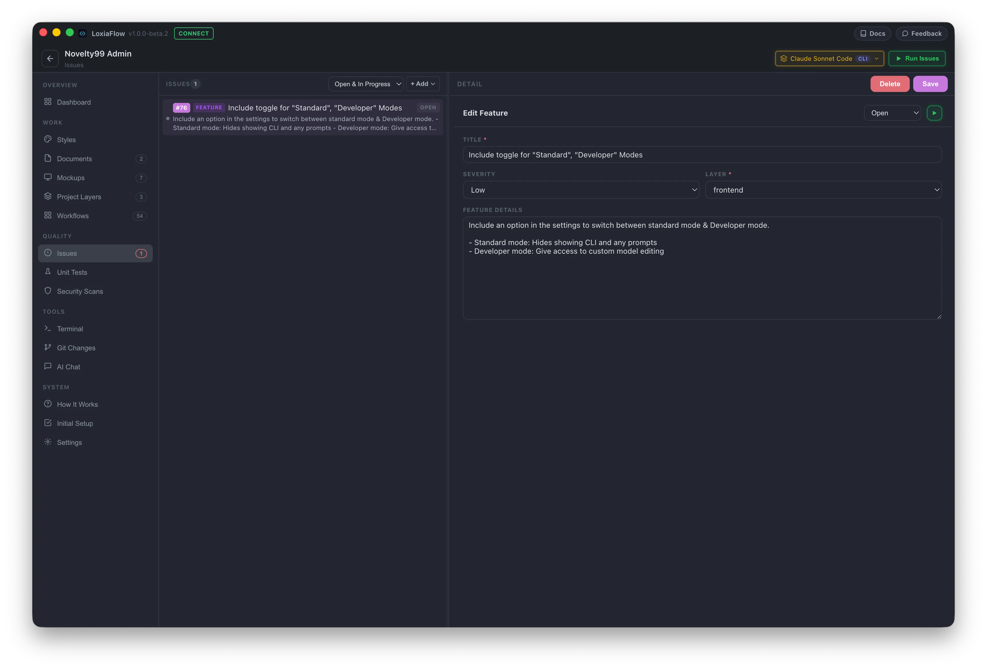 Issues — list panel with the Add ▾ dropdown open (Bug / Feature / Change)