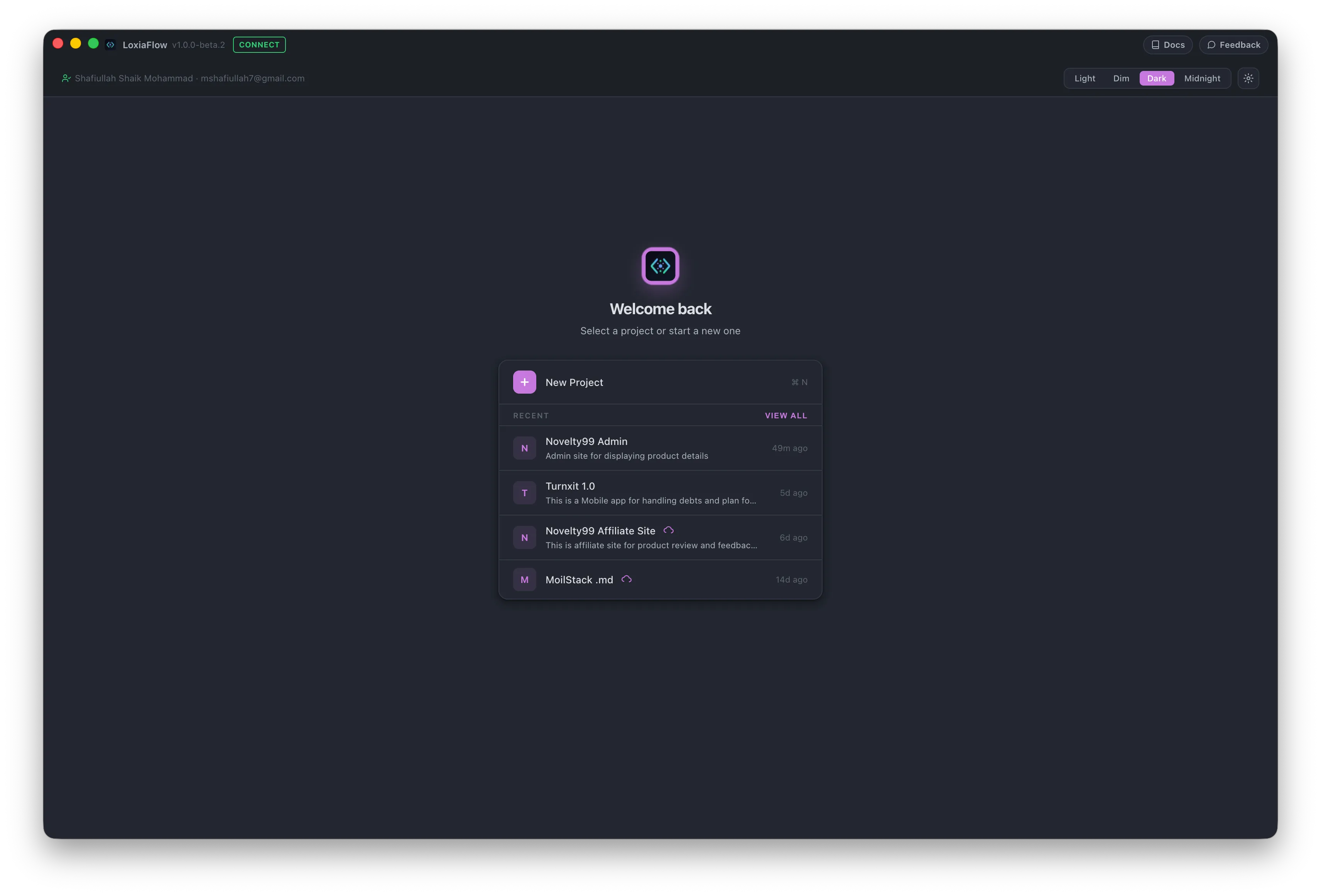 Launcher — recent projects list with the New Project row highlighted