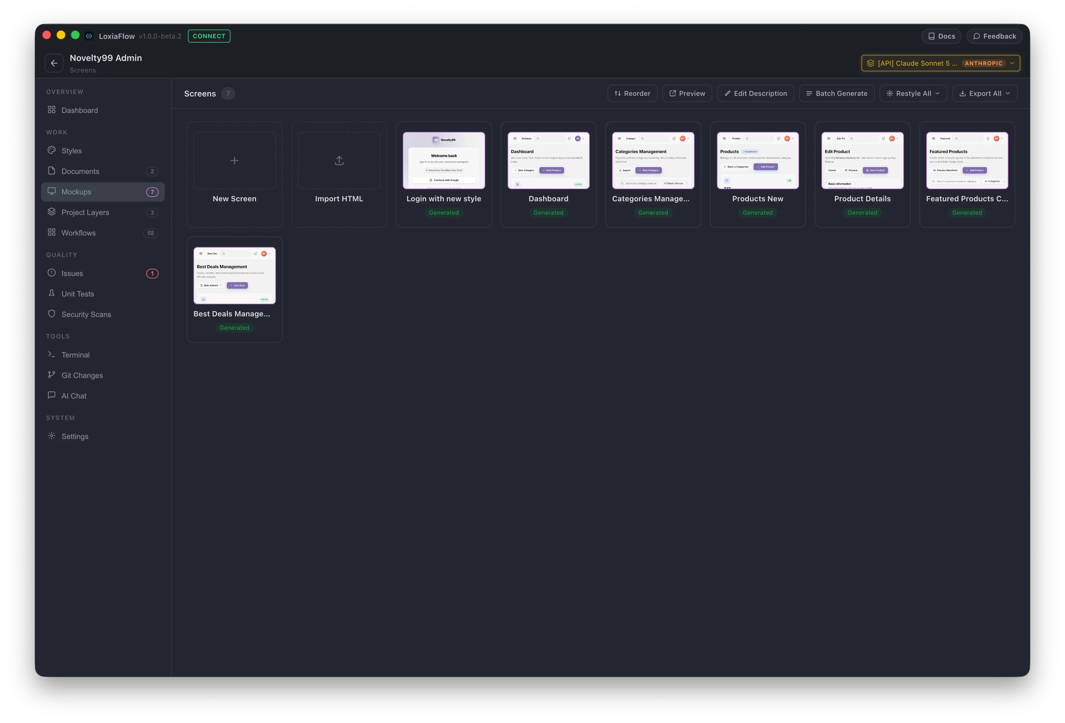Mockups — Screen list and management