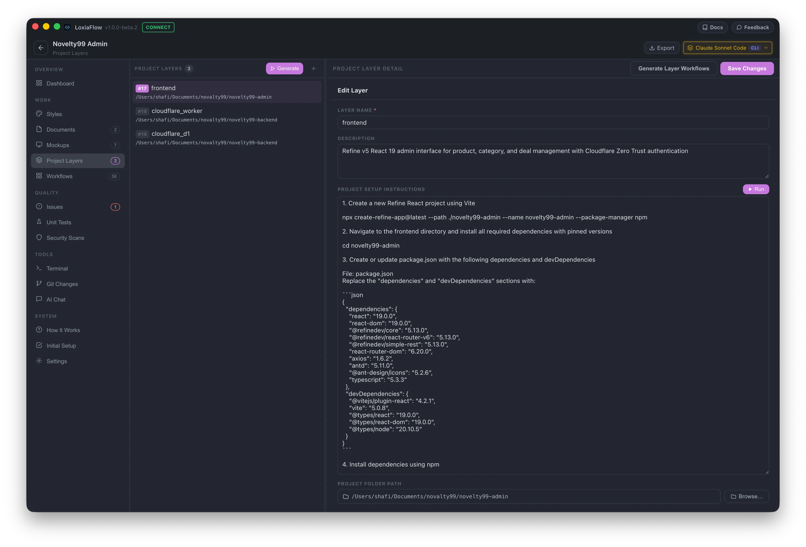Project Architecture — layers with scaffold, install, and run commands
