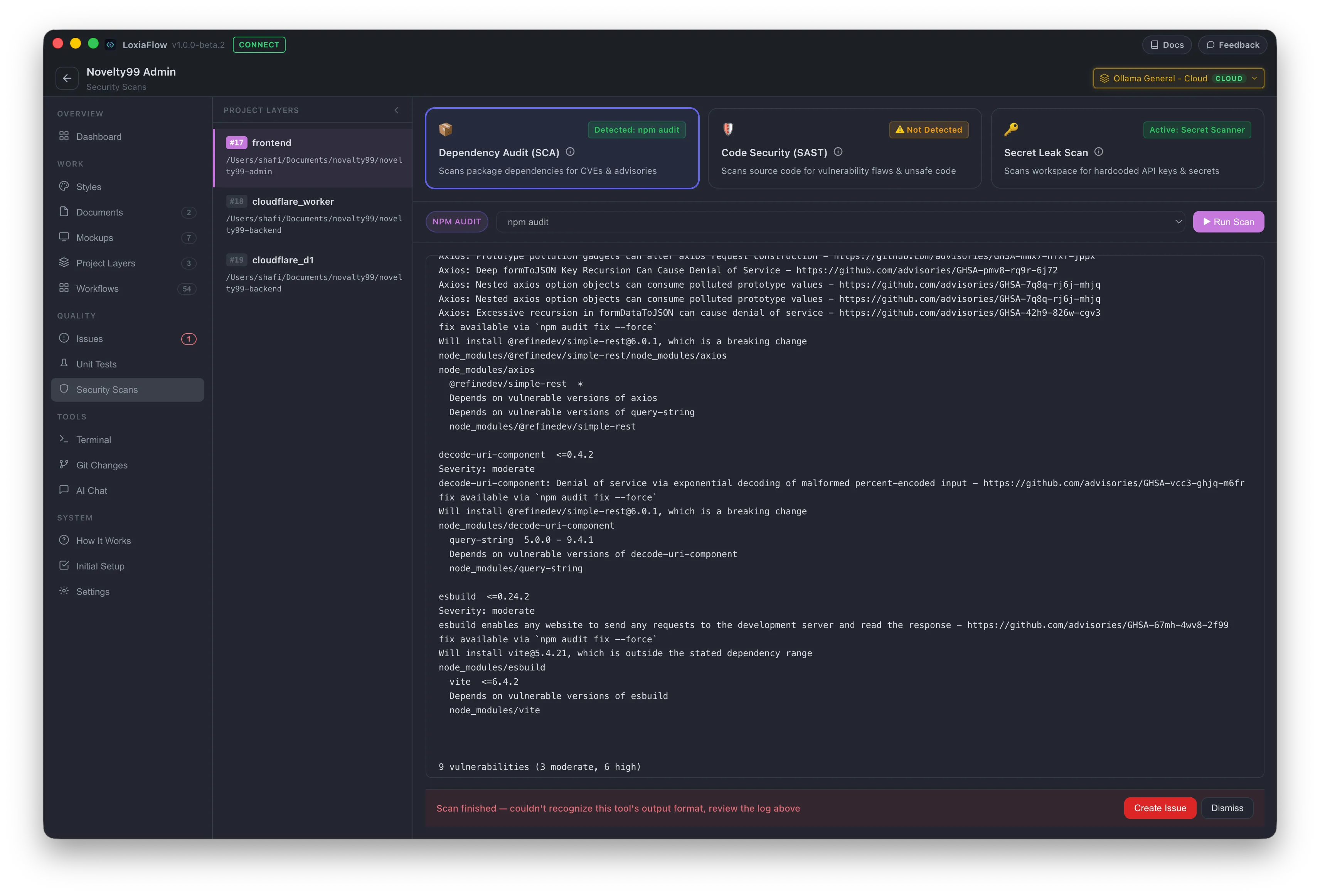 Security Scans UI showing detected tool badge, command dropdown, and live scan output