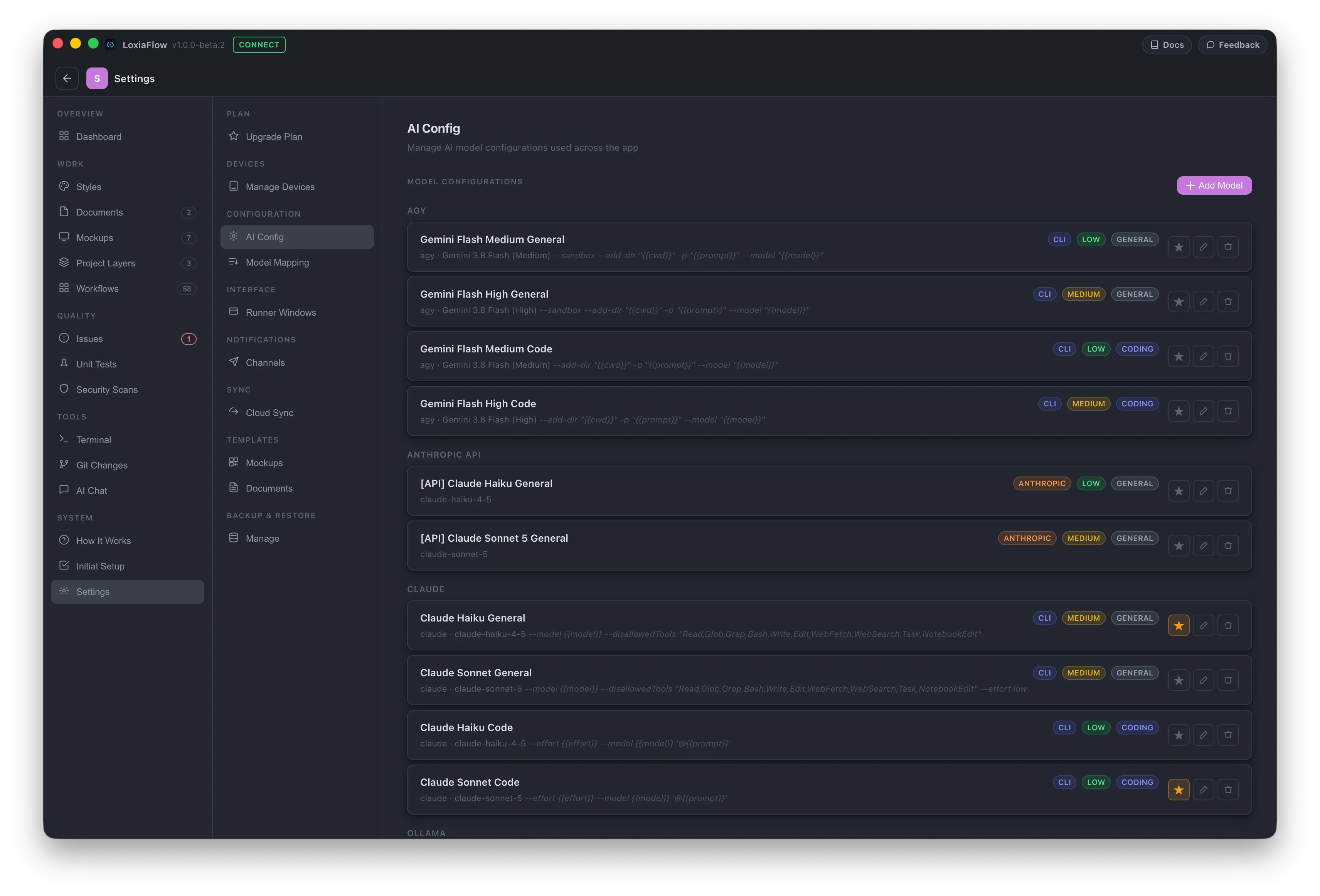 AI Config settings — coding engines and model mapping