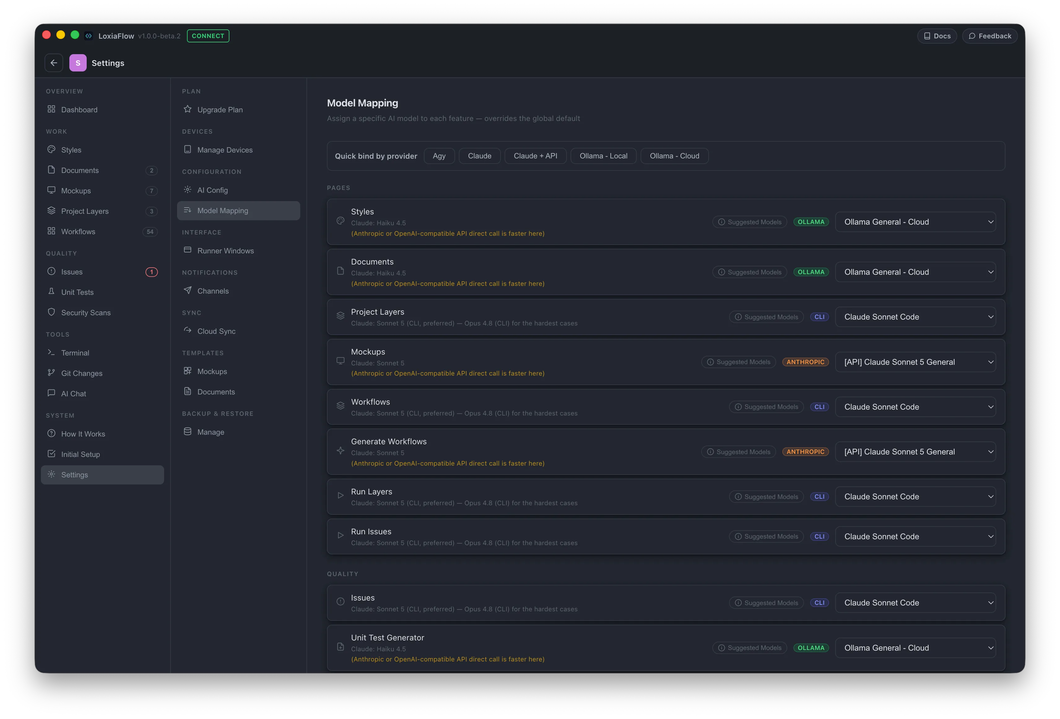 Settings — Model Mapping rows with the Suggested Models popover open