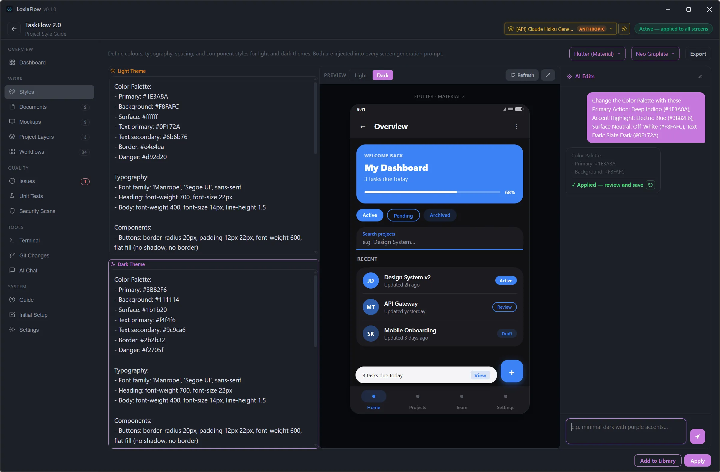 Style Guide — AI Edits chat with an applied result and Revert button