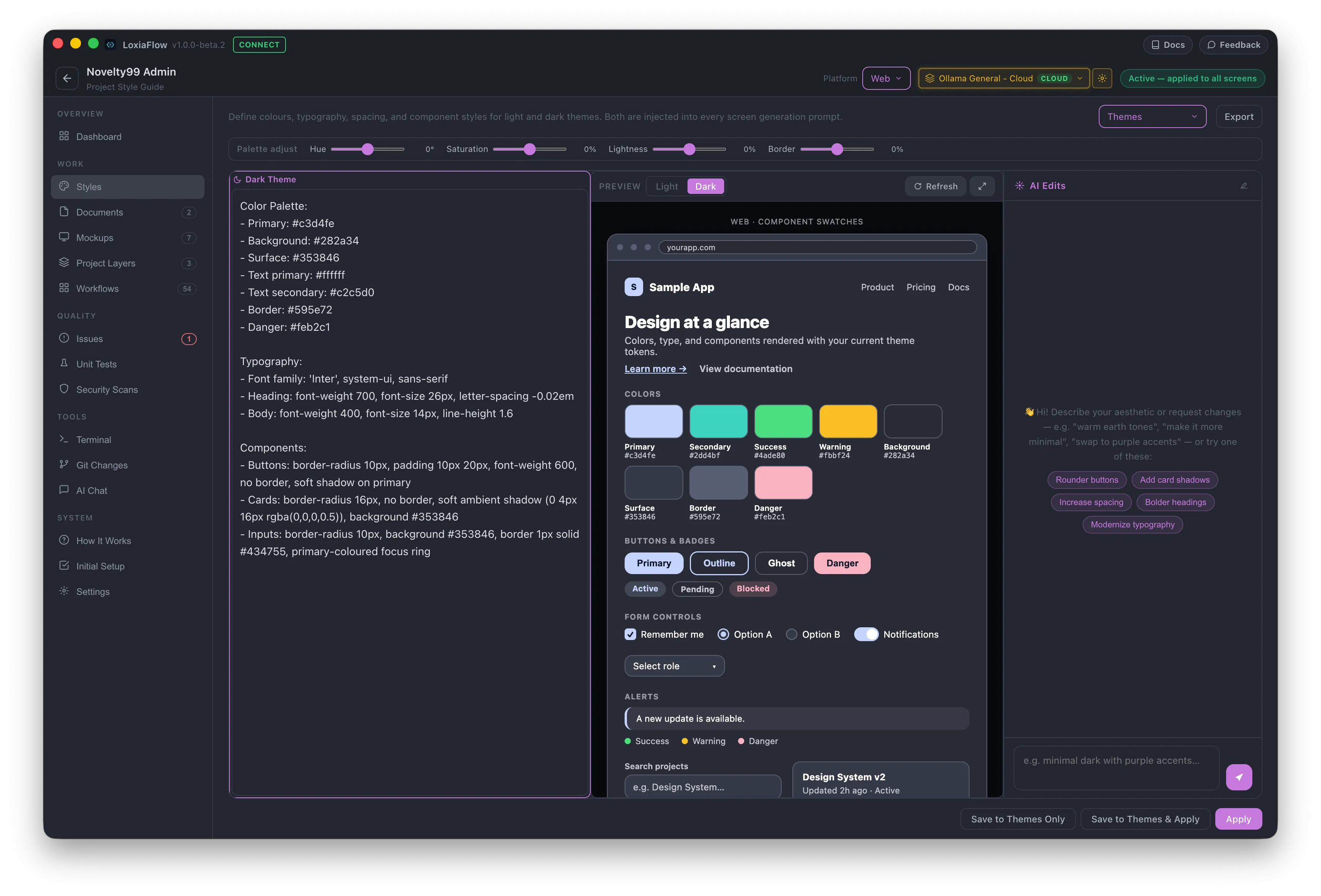 Style Guide — Light/Dark editors on the left, live preview panel on the right