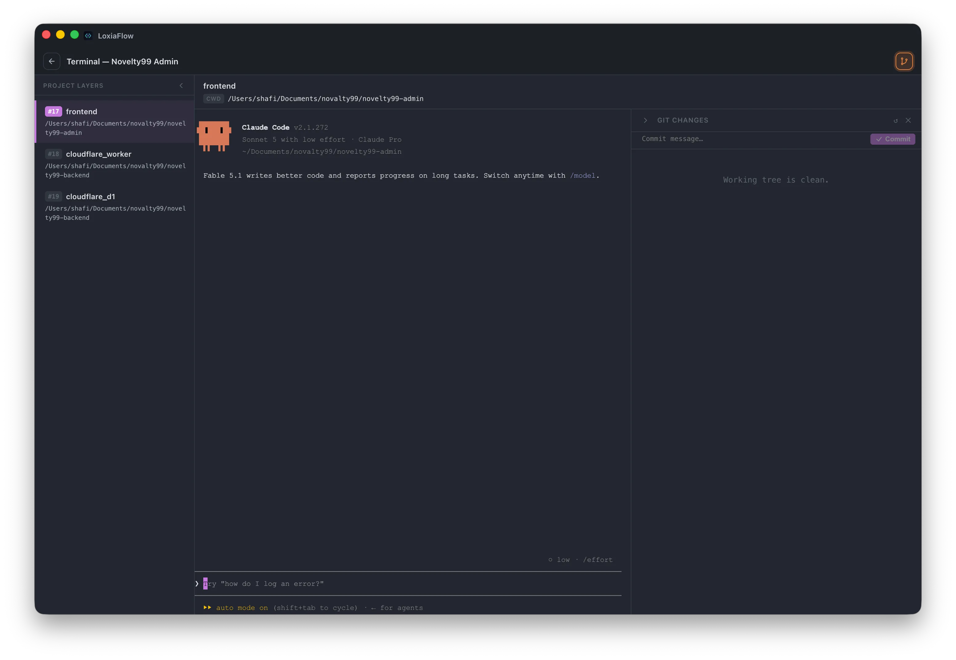 Terminal — layer sidebar, xterm.js shell, and the Git Changes side panel open