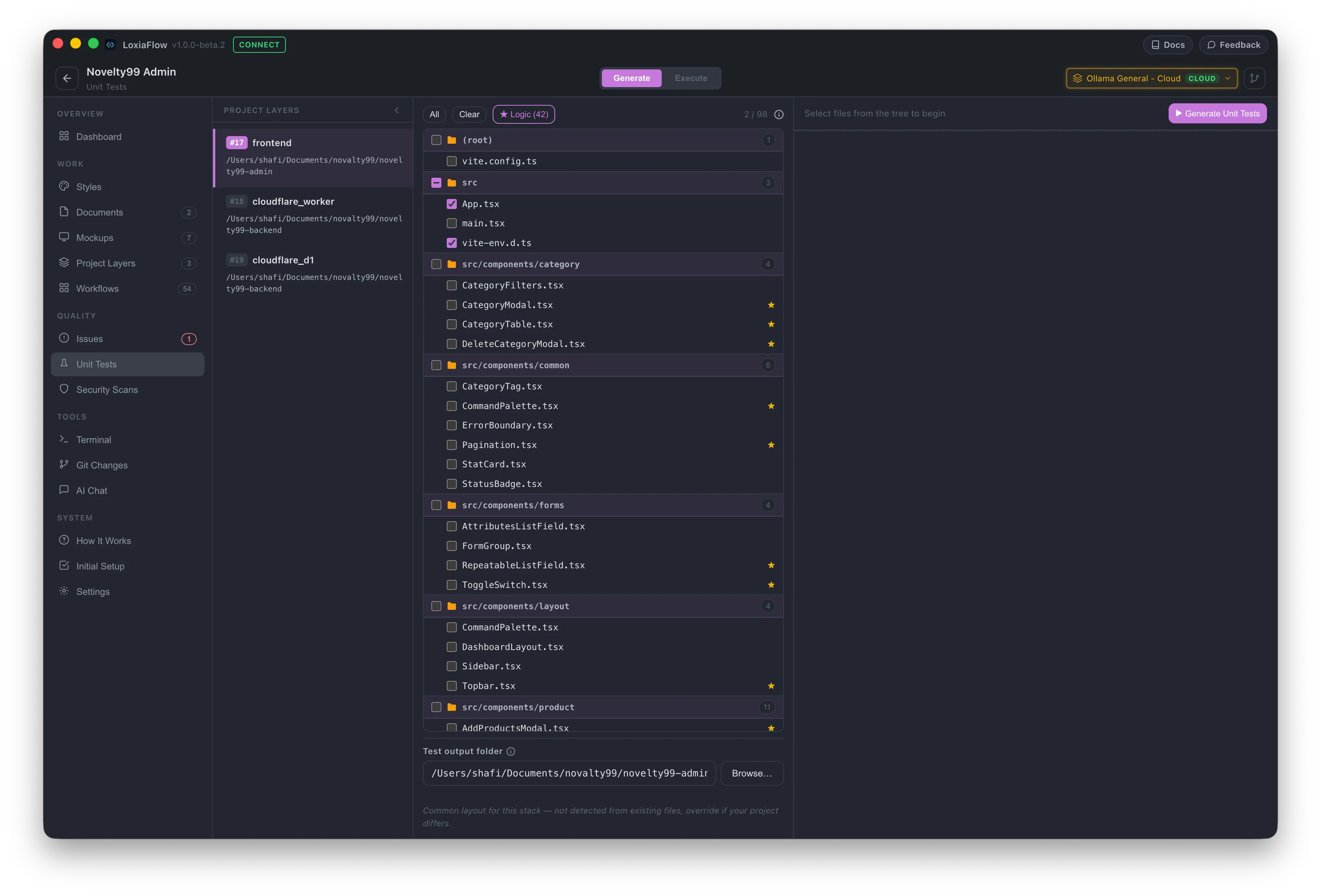 Test Generator — Generate mode, source file tree with a stale-test warning icon
